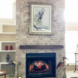 Fireplace installation, custom made shelves, natural stone