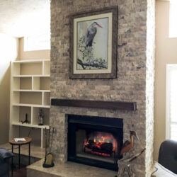 Fireplace installation, custom made shelves, natural stone